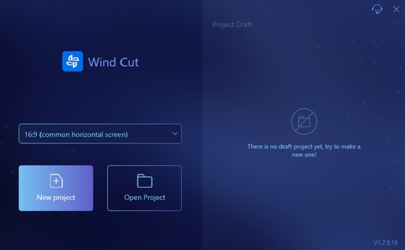 Стартовый экран AceThinker Wind Cut с созданием и открытием проекта