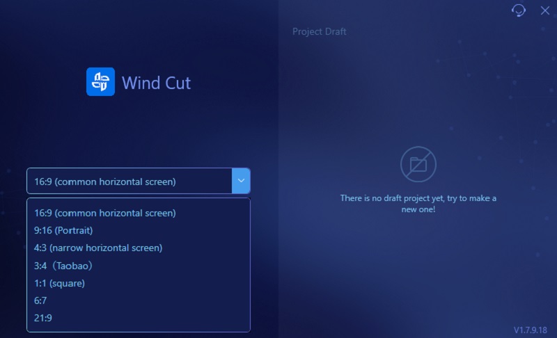Выбор соотношения сторон проекта в AceThinker Wind Cut
