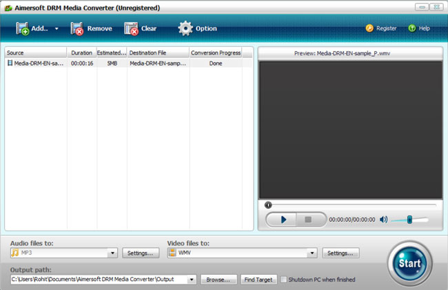 Главное окно Aimersoft DRM Media Converter с очередью, предпросмотром и выбором форматов