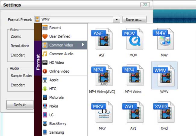 Окно Settings в Aimersoft DRM Media Converter с параметрами профиля кодирования