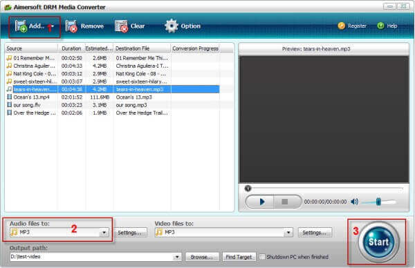 Aimersoft DRM Media Converter с аудиофайлами и выбранным профилем MP3 для конвертации M4B