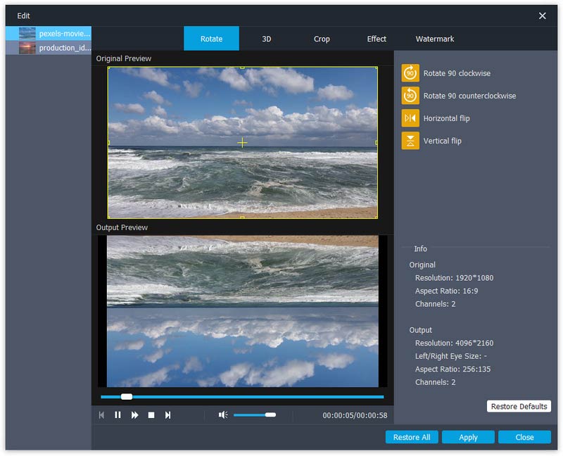 Вкладка Rotate: поворот на 90 градусов и отражение видео в Aiseesoft 4K Converter