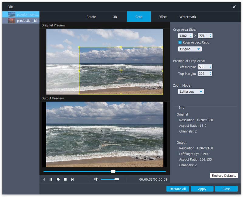 Вкладка Crop с областью кадрирования и Zoom Mode в Aiseesoft 4K Converter