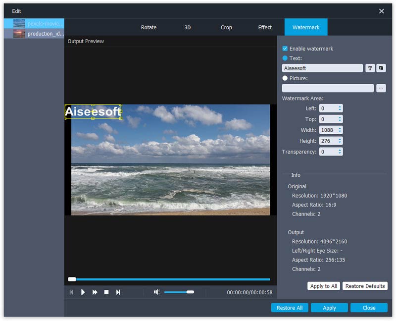 Настройка текстового или графического водяного знака в Aiseesoft 4K Converter