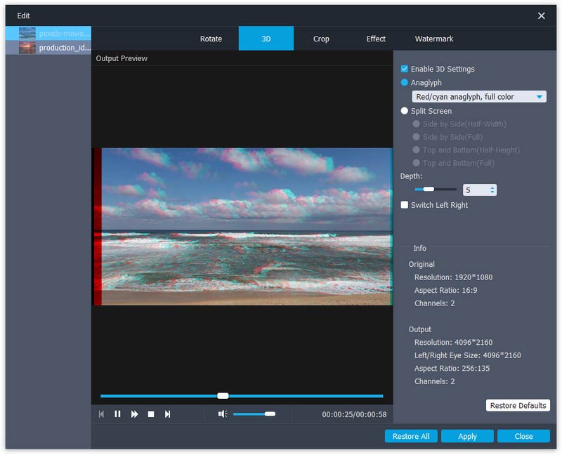 Вкладка 3D с режимами Anaglyph и Split Screen в Aiseesoft 4K Converter