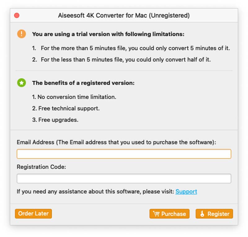 Окно регистрации Aiseesoft 4K Converter for Mac с полями email и registration code
