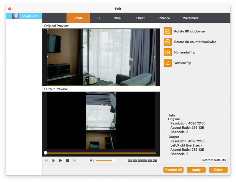 Вкладка Rotate в Aiseesoft 4K Converter for Mac