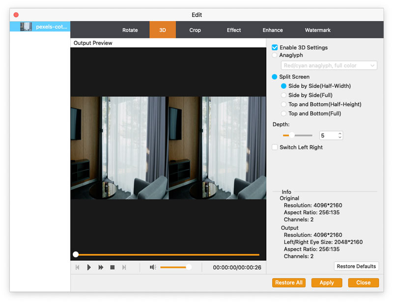 Настройки 3D Anaglyph и Split Screen в Aiseesoft 4K Converter for Mac