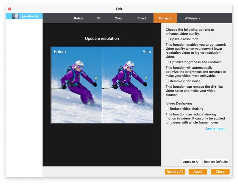 Вкладка Enhance с upscale, шумоподавлением, автояркостью и стабилизацией на Mac