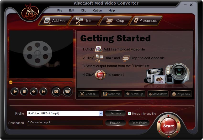 Главное окно Aiseesoft Mod Video Converter с кнопками Add File, Trim, Crop, выбором Profile, папкой Destination и запуском Start