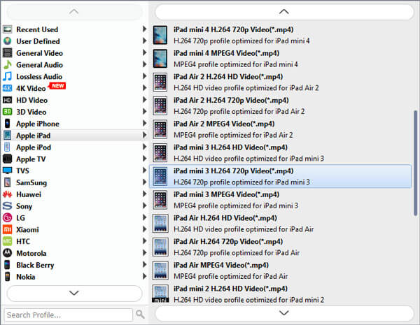 Выбор профиля Aiseesoft MOD Video Converter