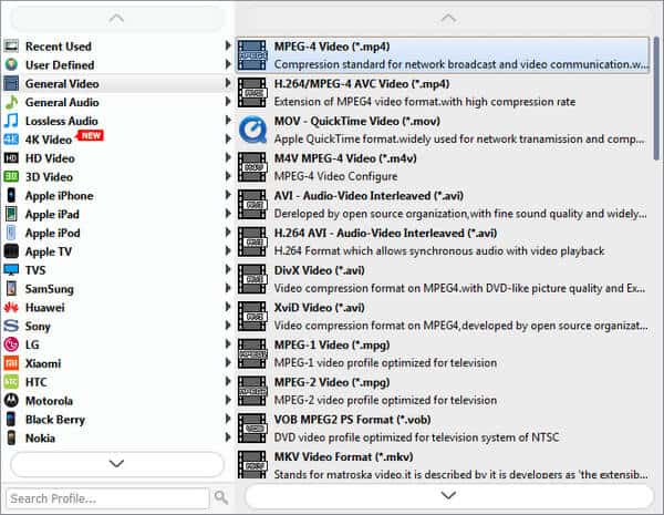 Выбор формата MP4 в Aiseesoft MTS Converter