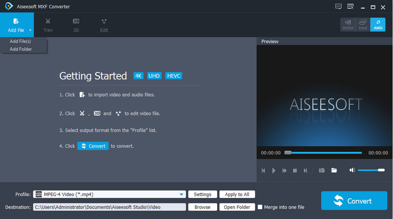 Добавление MXF-файла в Aiseesoft MXF Converter