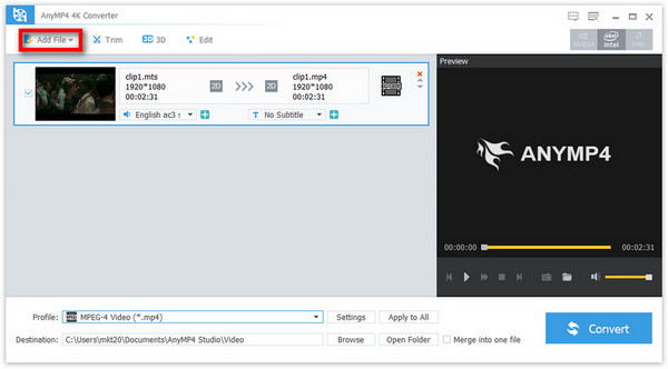Главное окно AnyMP4 4K Converter с кнопкой Add File и очередью конвертации