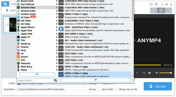 Список выходных профилей AnyMP4 4K Converter