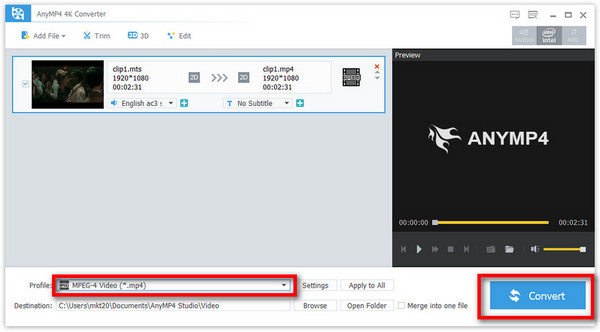 Выбор профиля и кнопка Convert в AnyMP4 4K Converter