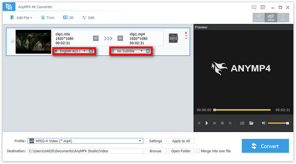 Выбор аудиодорожки и субтитров в AnyMP4 4K Converter