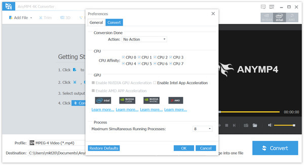 Preferences Convert с CPU, GPU и числом параллельных процессов
