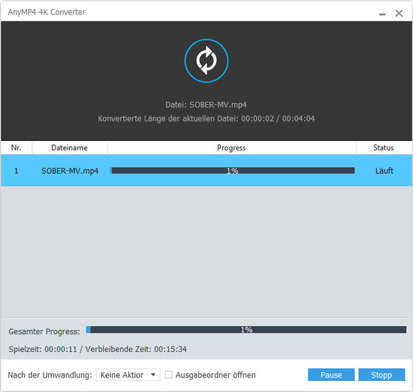 Окно прогресса конвертации AnyMP4 4K Converter