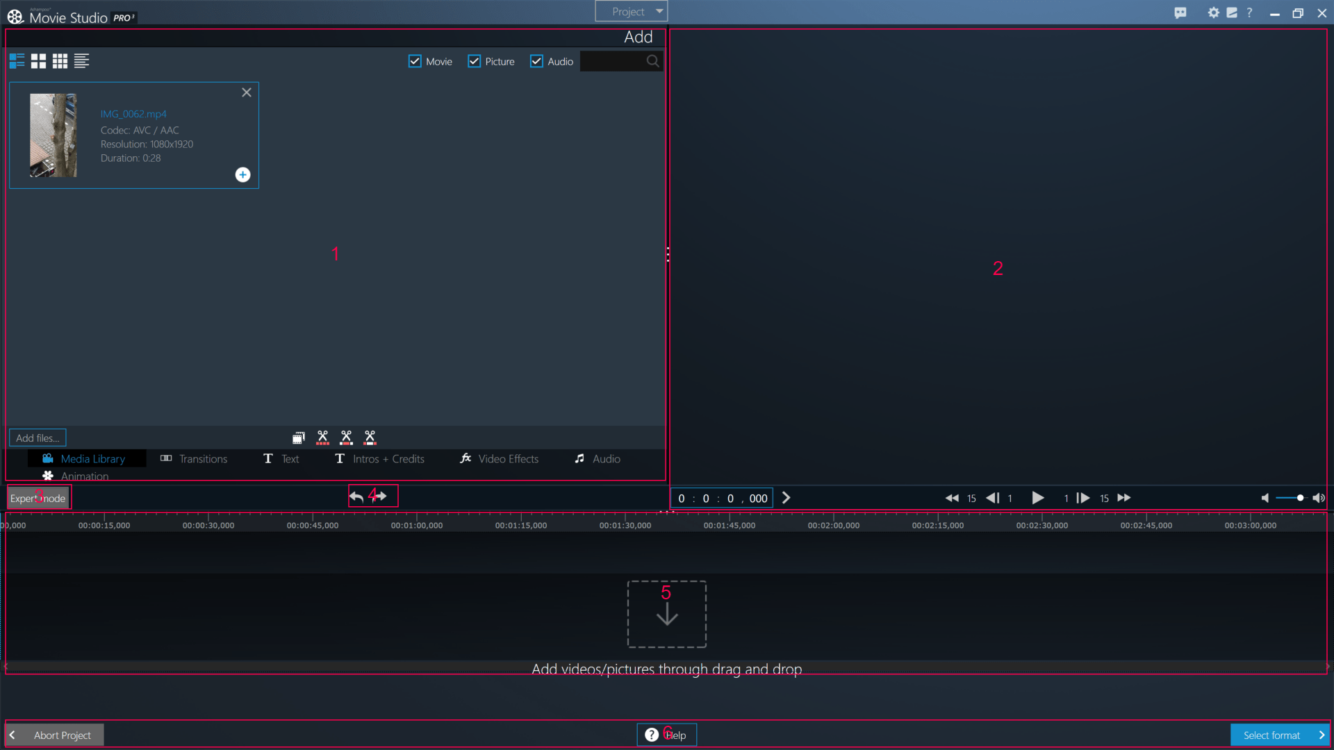 Медиатека, окно просмотра и временная шкала Movie Studio Pro