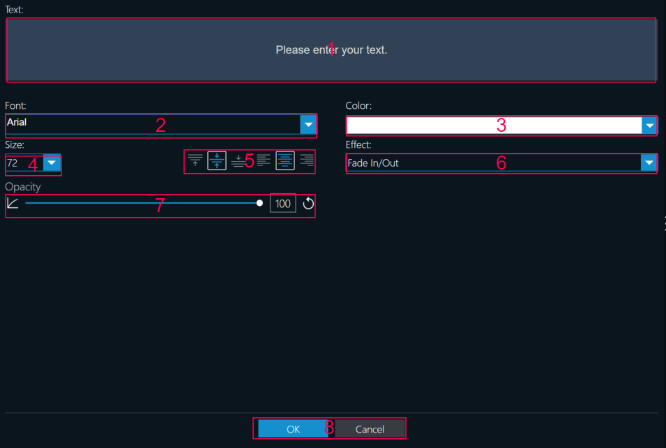 Настройка текста, шрифта, выравнивания и прозрачности в Movie Studio Pro