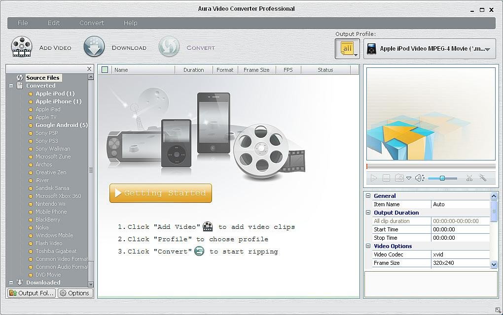 Главное окно Aura Video Converter Professional с очередью, деревом профилей, предпросмотром и Video Options
