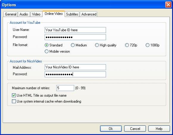 Окно Options на вкладке Online Video с параметрами загрузки YouTube и NicoVideo