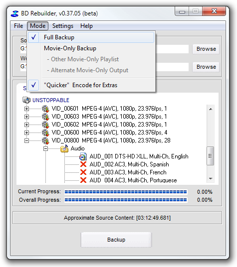 Выбор Full Backup и Movie-Only Backup в BD Rebuilder