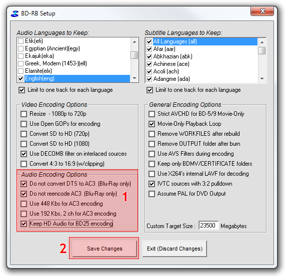 Окно Setup с языками и параметрами кодирования BD Rebuilder