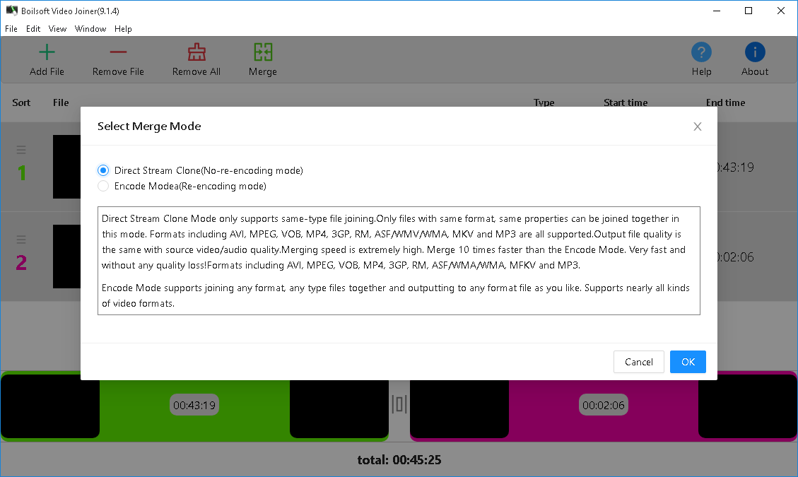 Диалог Select Merge Mode с выбранным Direct Stream Clone без перекодирования