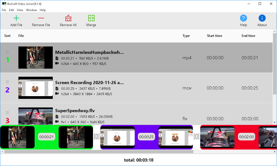 Очередь из MP4, MOV и FLV в главном окне Boilsoft Video Joiner