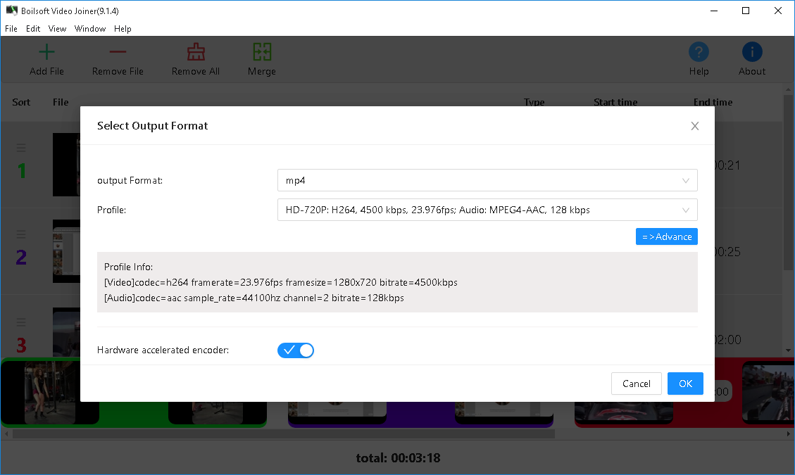 Select Output Format при объединении файлов разных форматов с выбранным профилем H.264/AAC