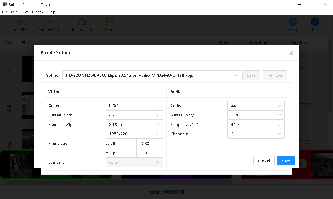 Profile Setting с настройками H.264, битрейта, частоты кадров, размера кадра и AAC