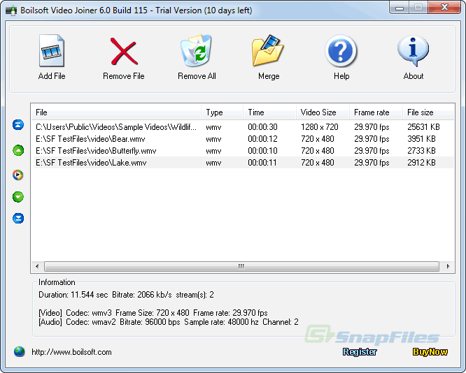 Главное окно Boilsoft Video Joiner с кнопками Add File, Remove File, Remove All и Merge