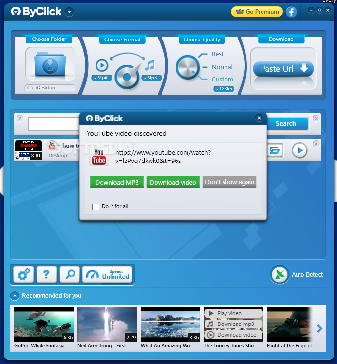 Окно Auto Detect поверх интерфейса ByClick Downloader