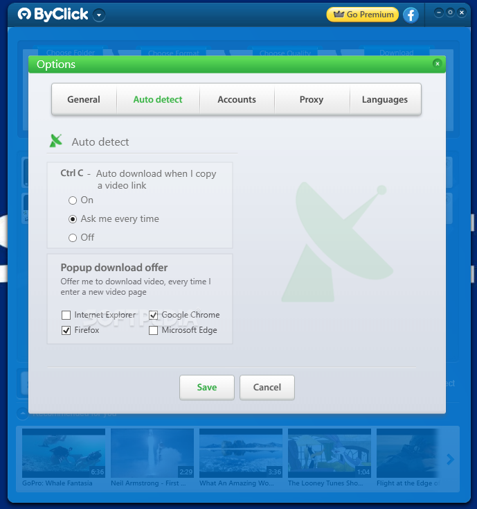 Параметры учётных записей ByClick Downloader