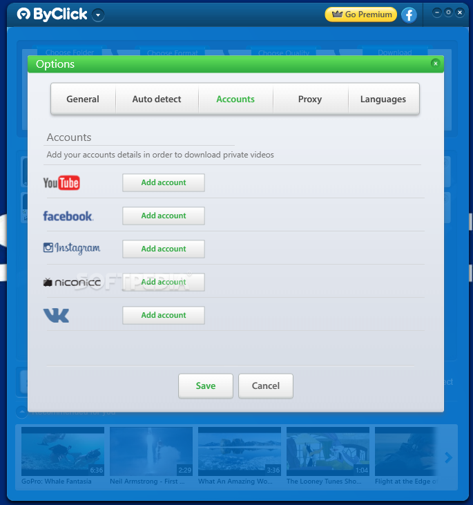 Параметры прокси ByClick Downloader