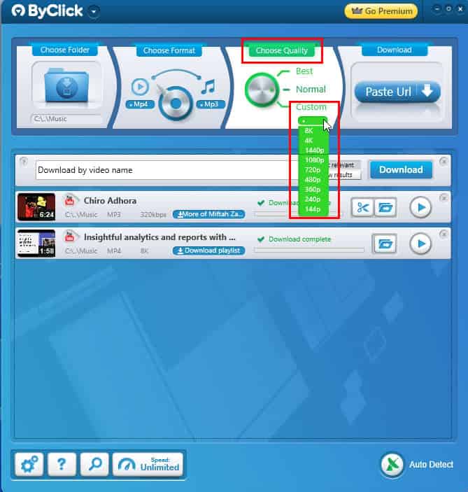Выбор качества в ByClick Downloader