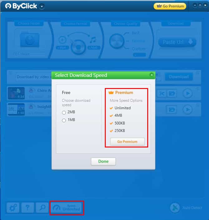 Ограничение скорости в ByClick Downloader
