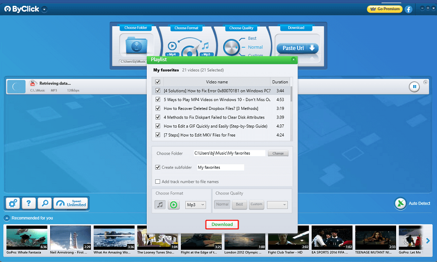Окно плейлиста и списка видео ByClick Downloader