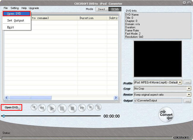 Меню File с командой Open DVD в Cucusoft DVD to iPod Converter