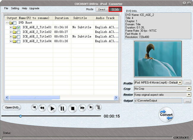 Batch Mode Cucusoft DVD to iPod Converter со списком титулов и глав