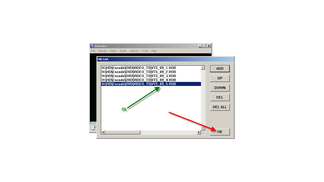 Окно File List DGIndex с последовательностью VOB из DVD