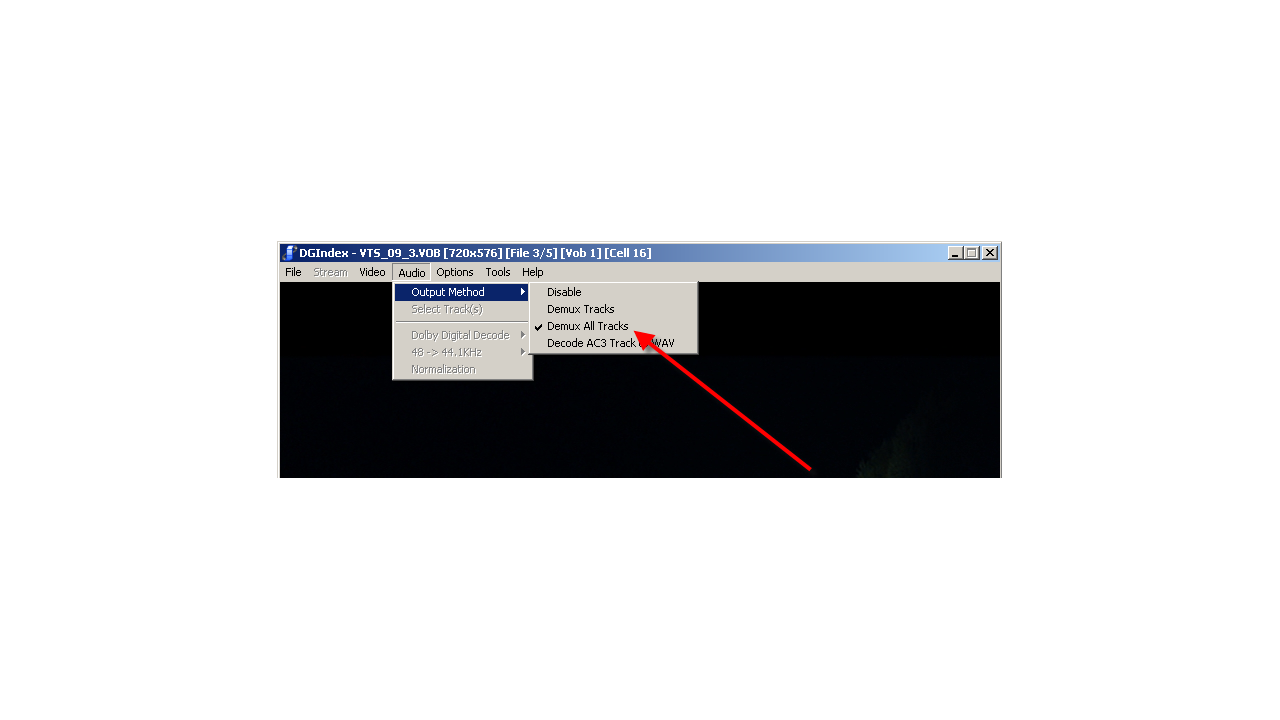 Меню Audio Output Method DGIndex с режимом Demux All Tracks