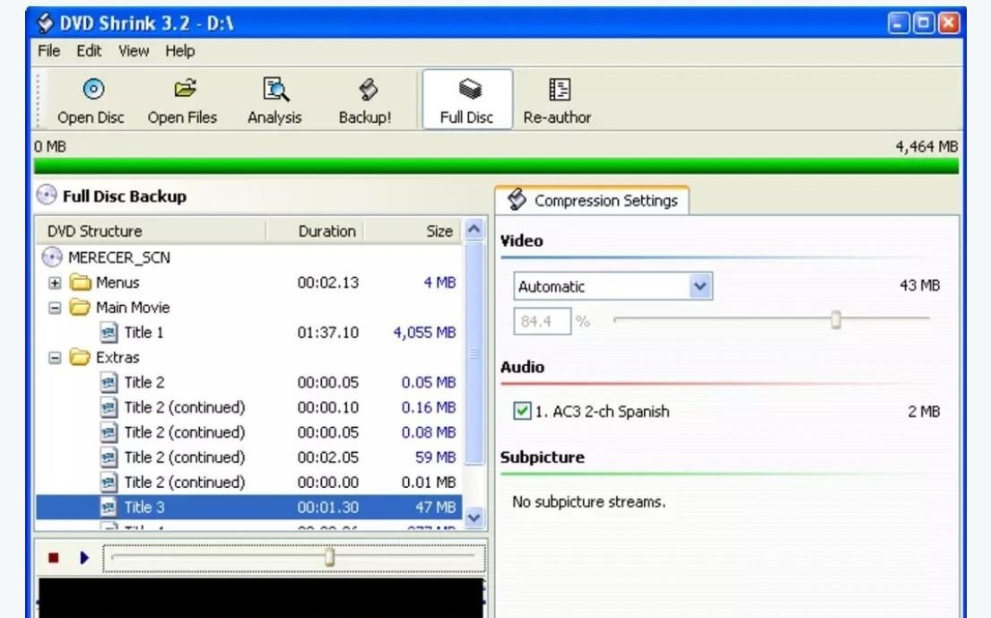 Главное окно DVD Shrink 3.2 в режиме Full Disc с деревом DVD и Compression Settings