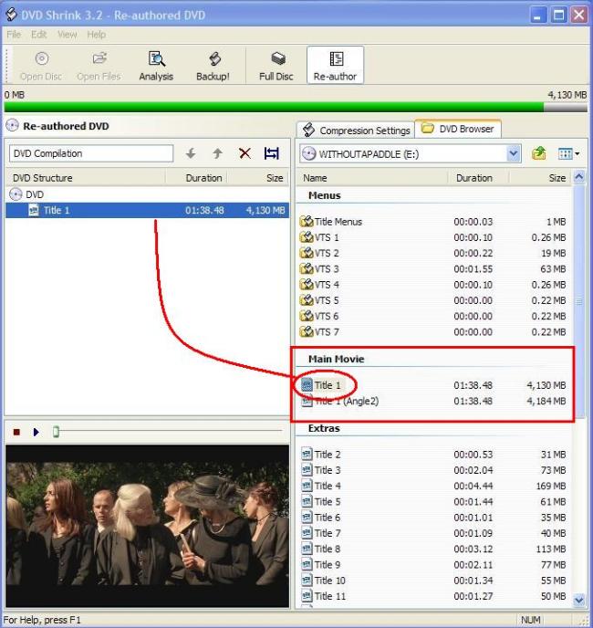 DVD Shrink 3.2 в режиме Re-author с DVD Browser и добавленным основным фильмом