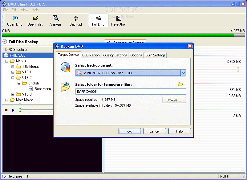 Диалог Backup DVD с вкладками Target Device, DVD Region, Quality Settings и Options
