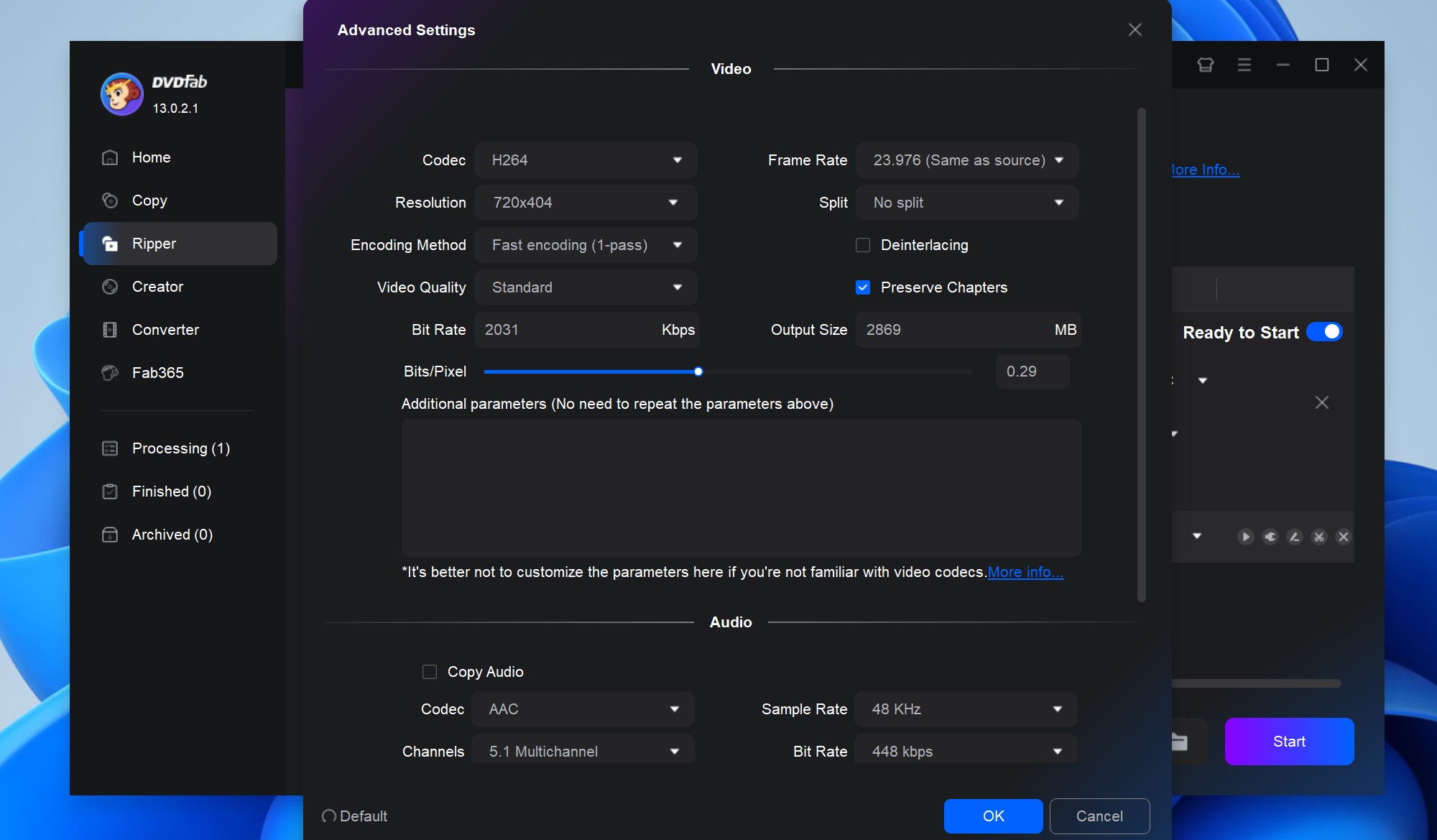 Окно Advanced Settings DVDFab DVD Ripper с кодеком H.264, разрешением, битрейтом и параметрами аудио