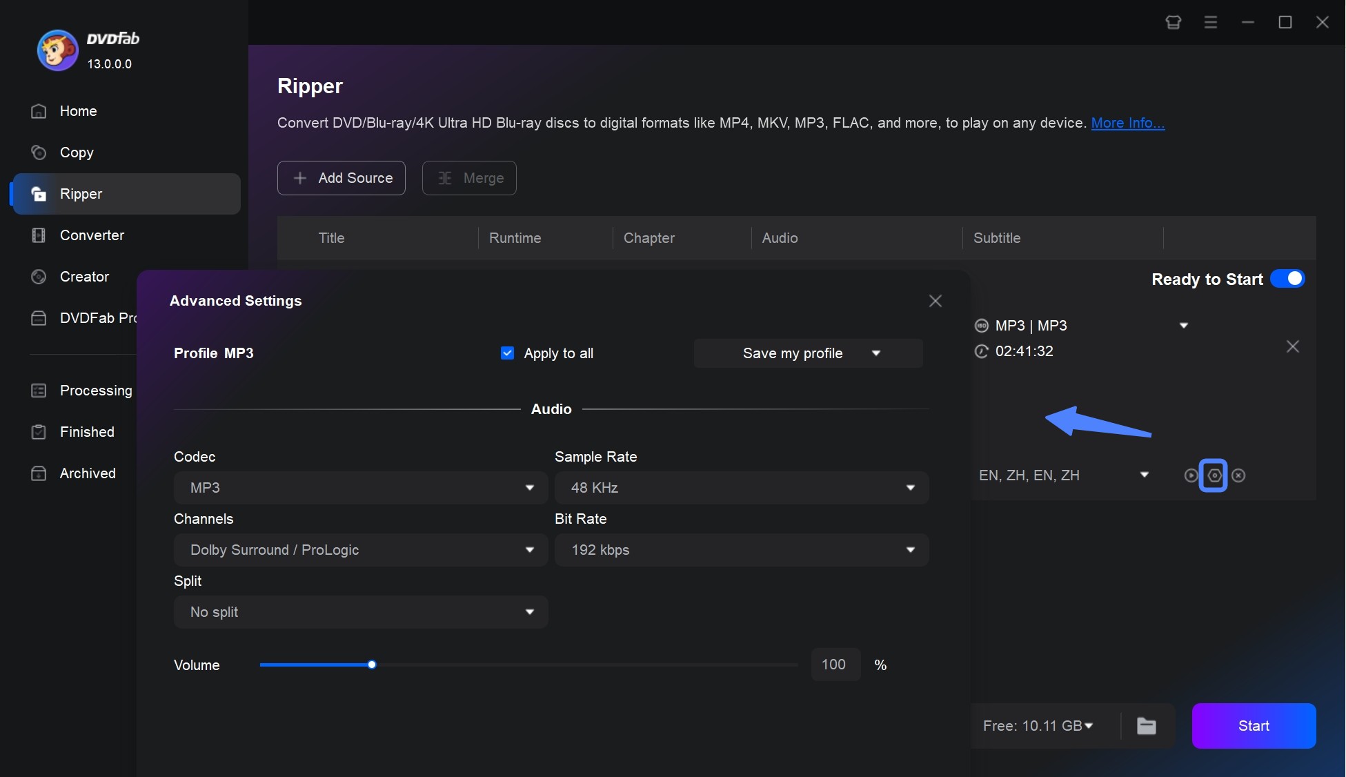 Расширенные настройки аудиопрофиля DVDFab DVD Ripper с кодеком, частотой, каналами и битрейтом