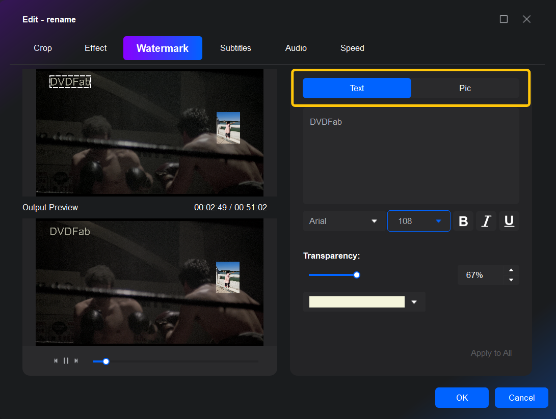 Вкладка Watermark редактора DVDFab с текстовым водяным знаком, прозрачностью и позиционированием